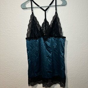 Shirley of Hollywood Teal Satin slip dress with Black Lace